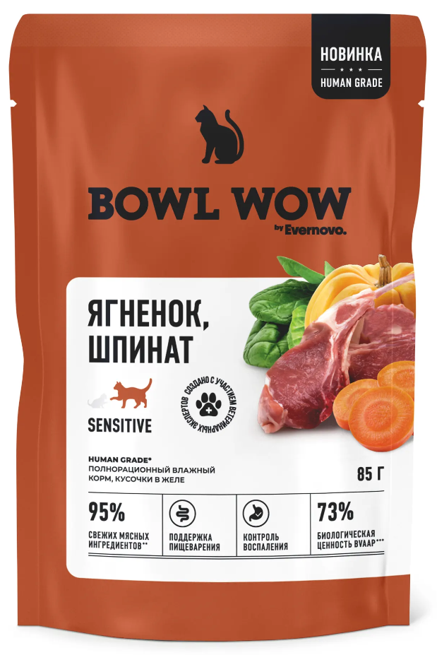 Консервы Bowl Wow ягненок и шпинат для кошек 85 г: ЖЕЛЕ