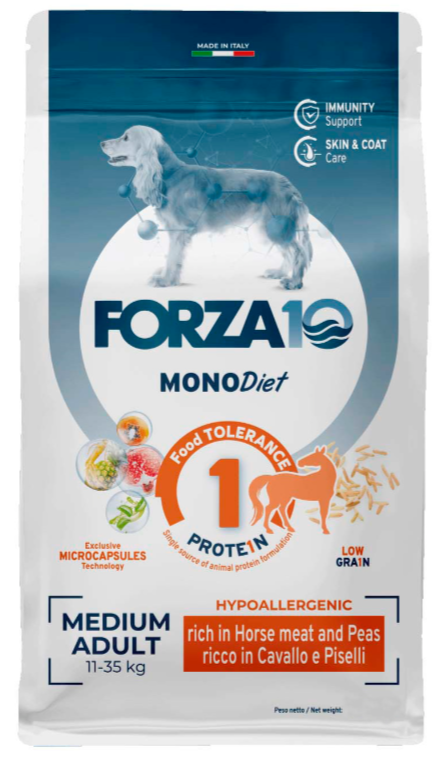 Корм Forza10 Diet Medium для собак средних пород, при пищевой аллергии, гипоаллергенный, конина и горох, 1.5 кг